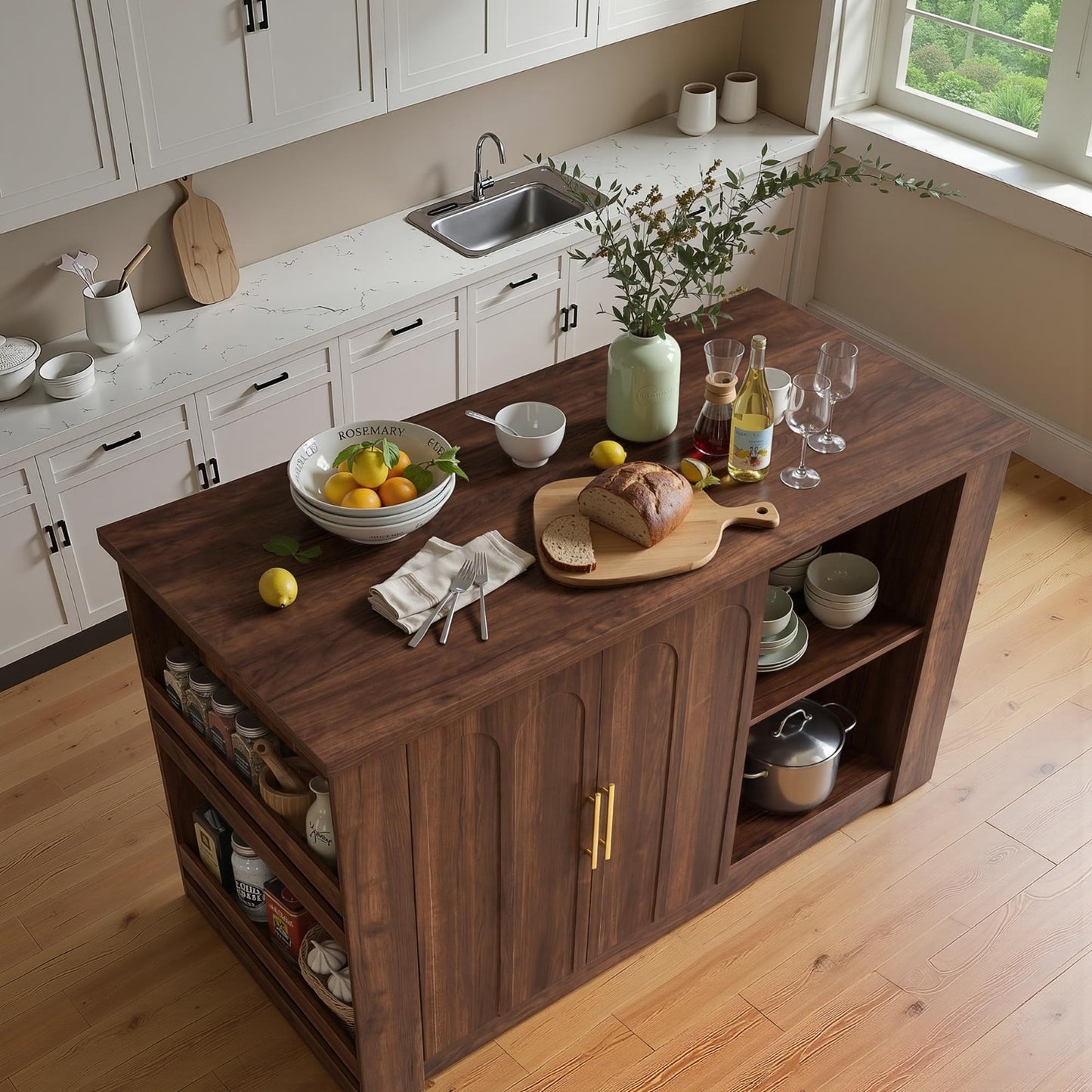 62.9" Large Kitchen Island with Storage, Arched Doors, Mid Century Modern Design7