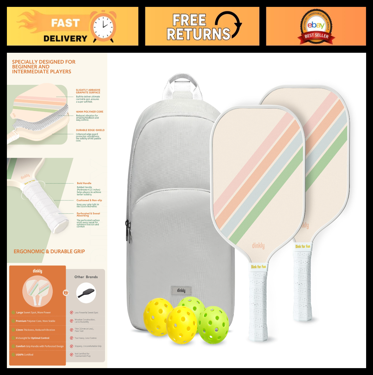 Pickleball Paddle Set of 2/4 - USAPA Approved, Graphite/Fiberglass, 4 Balls & Ca0