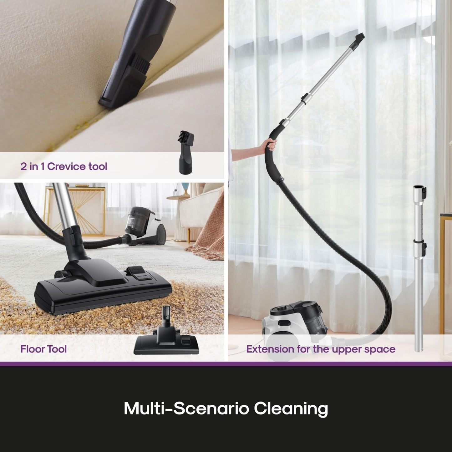 Lightweight Bagless Canister Vacuum Cleaner, 1200W, HEPA, Auto Cord Rewind, 2-in5
