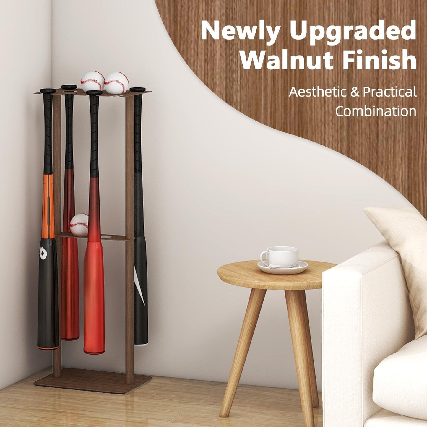 Deep Walnut Baseball Bat Holder Stand   Free Standing Metal Display for 8 Bats &3