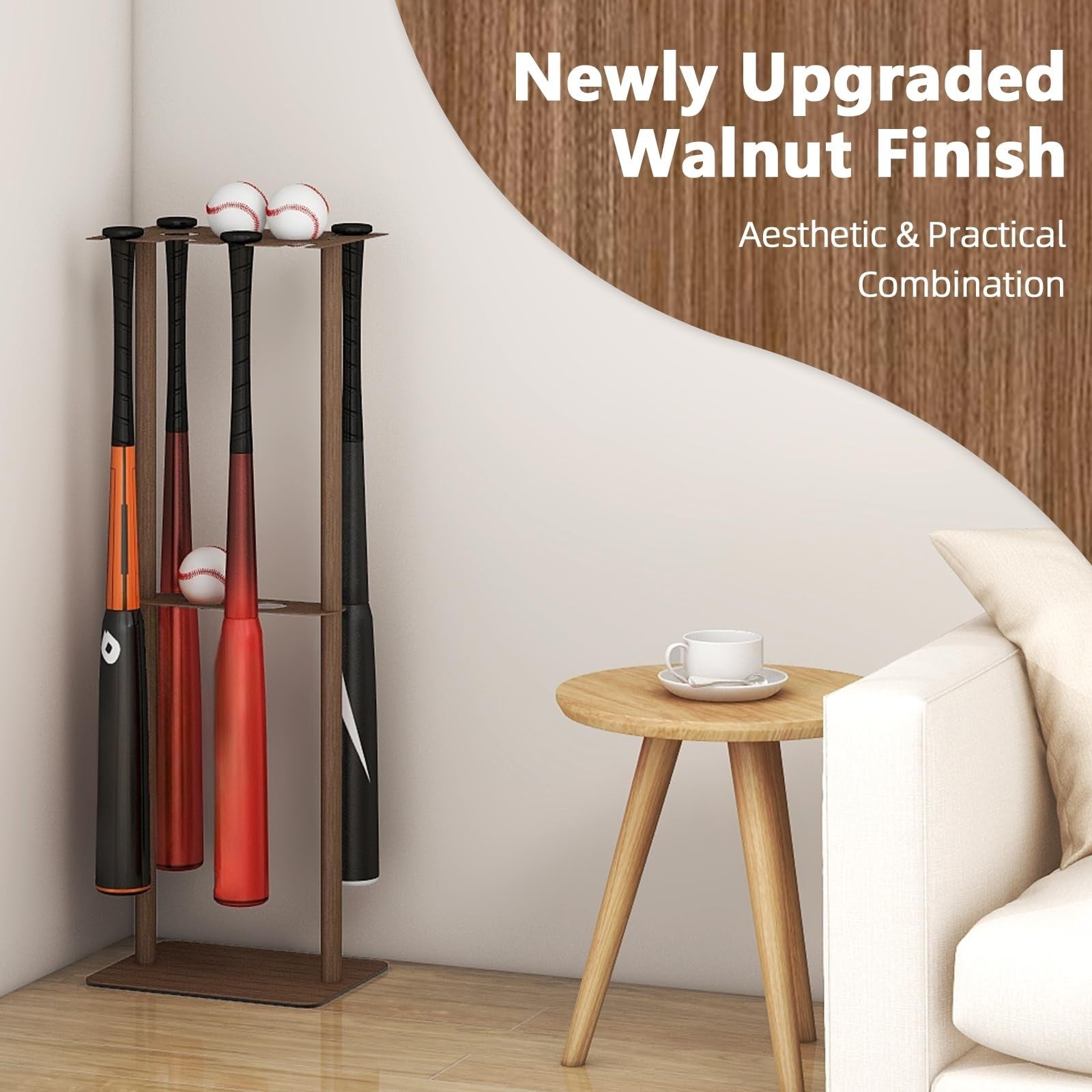 Deep Walnut Baseball Bat Holder Stand   Free Standing Metal Display for 8 Bats &3