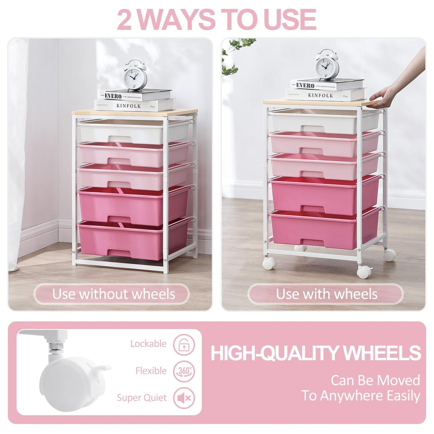 5 Drawer Utility Cart with Wooden Top, Rolling Craft Trolley, Lockable Wheels, P6
