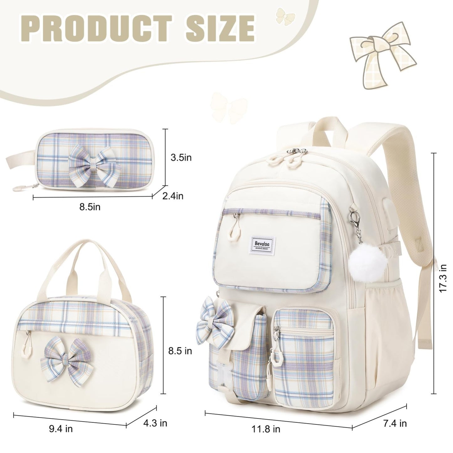 Cute Bow Backpack for Girls   School Bag with Lunch Bag & Pen Case, Stylish & Fu2