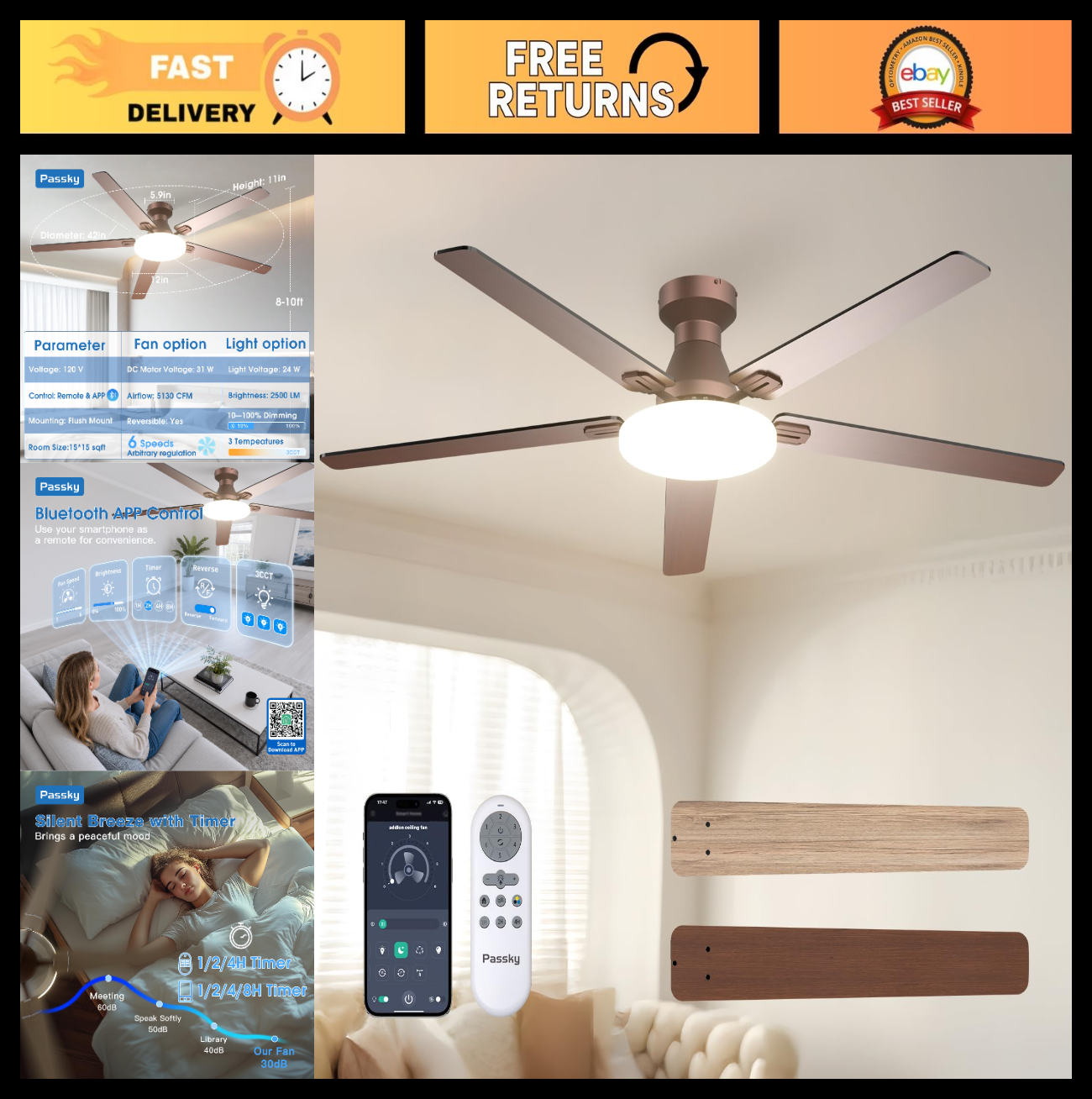 60" Brown Low Profile Ceiling Fan with Lights & Remote | Dimmable, Quiet DC Moto0