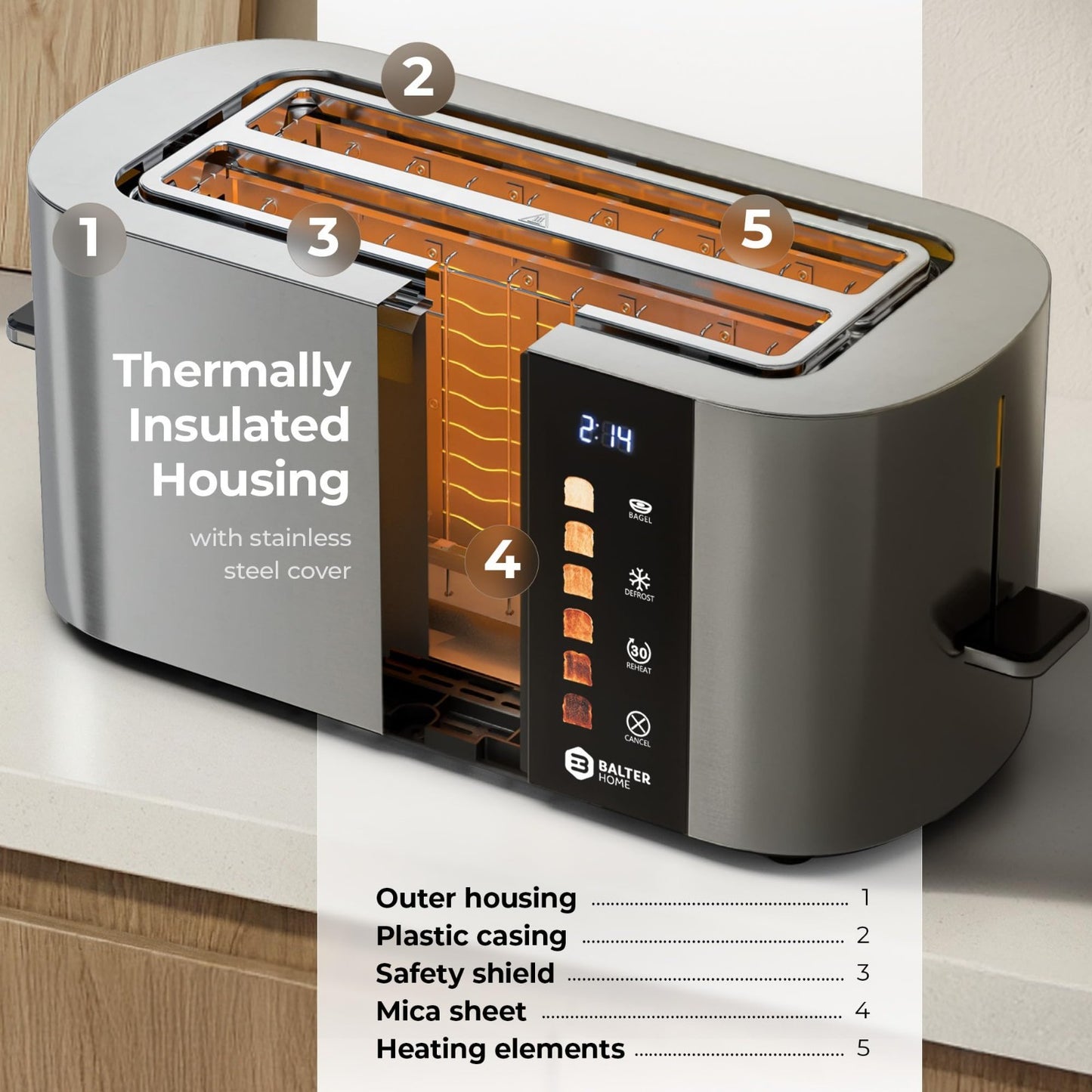4 Slice Stainless Steel Toaster with Wide Slots, Bagel Function & Touch Screen8