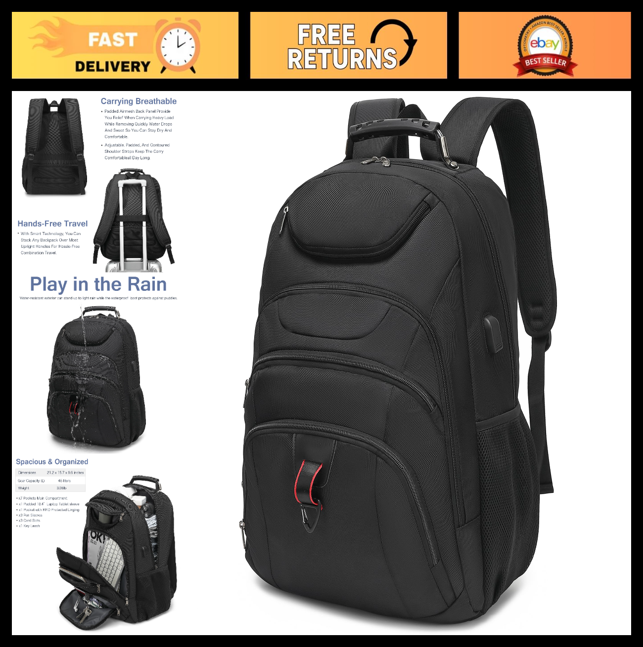 Extra Large 37L Laptop Backpack for Men, 18.4" Gaming Travel Bag with USB Port,0