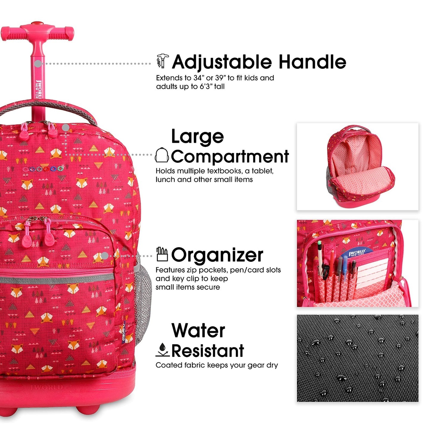 Kids Rolling Backpack with Wheels, 18" School Bookbag for Girls & Boys, Fox Desi4