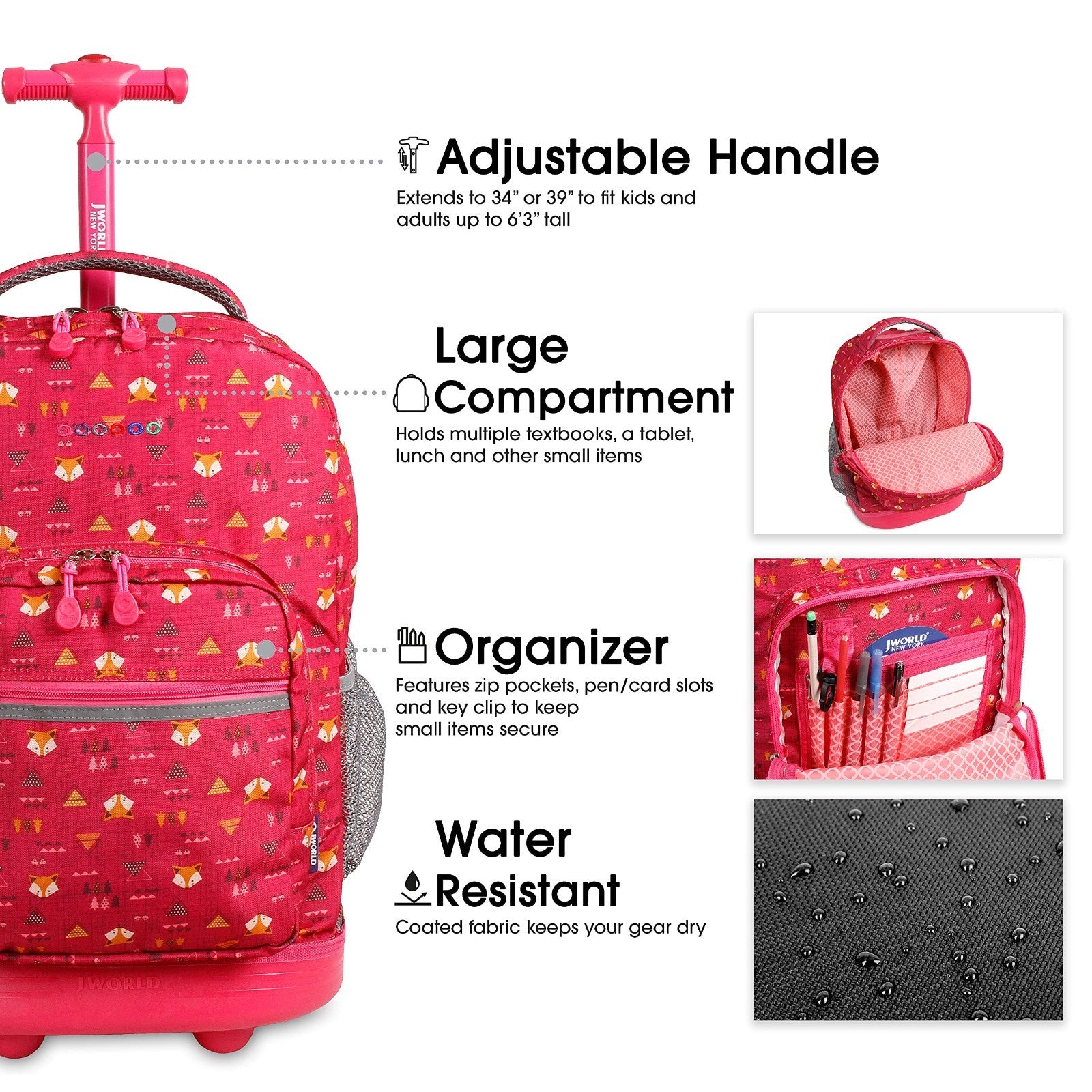 Kids Rolling Backpack with Wheels, 18" School Bookbag for Girls & Boys, Fox Desi4