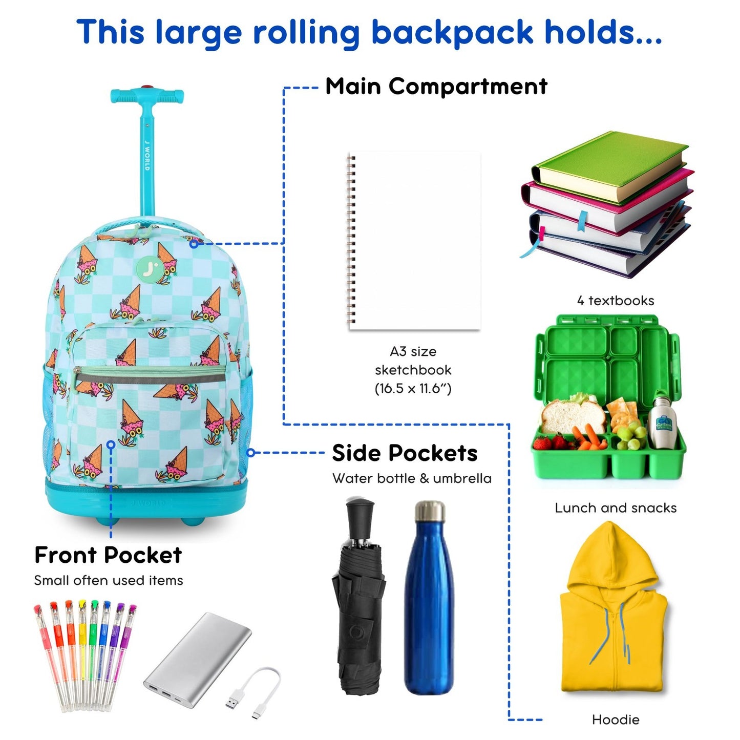 Kids Rolling Backpack with Wheels, 18x13x9, Ice Cone Design, School Bookbag for4