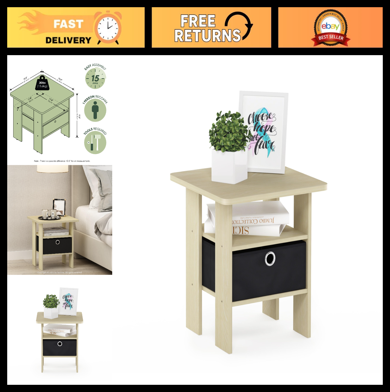 Modern Side Table with Open Shelves & Storage Bin - Versatile Nightstand for Liv0