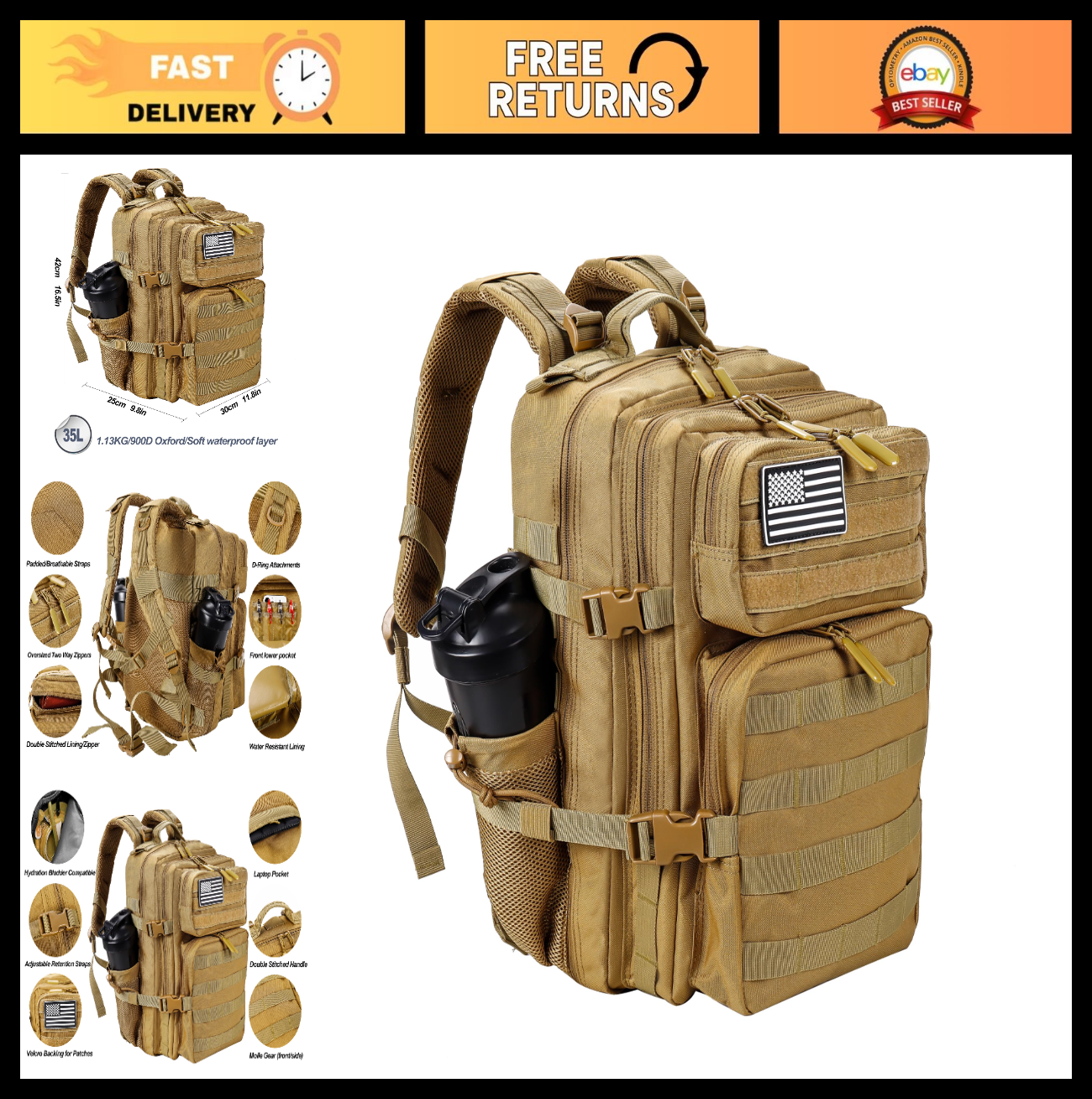 Tactical Military Backpack 25L/35L   Army Assault Pack, Small Rucksack with Wate0