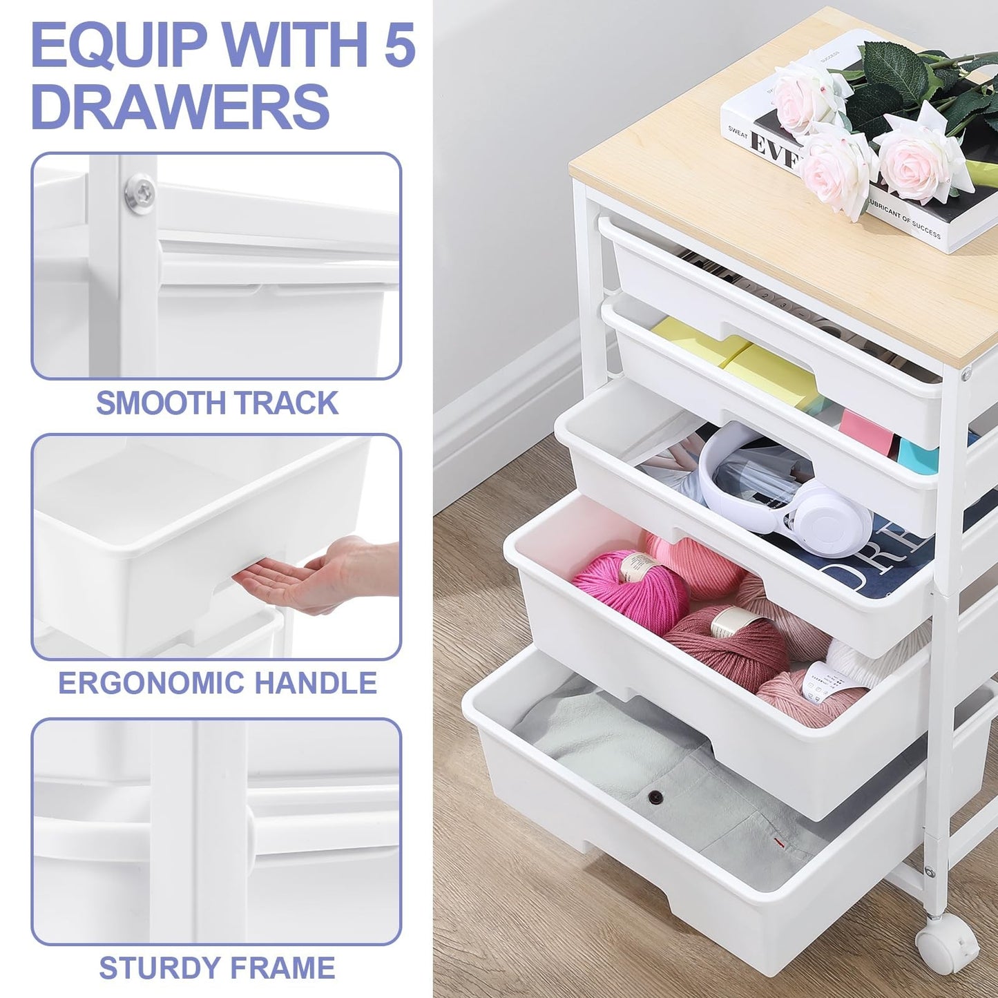 5 Drawer Utility Cart with Wooden Top, Lockable Wheels, Rolling Craft Storage Tr3