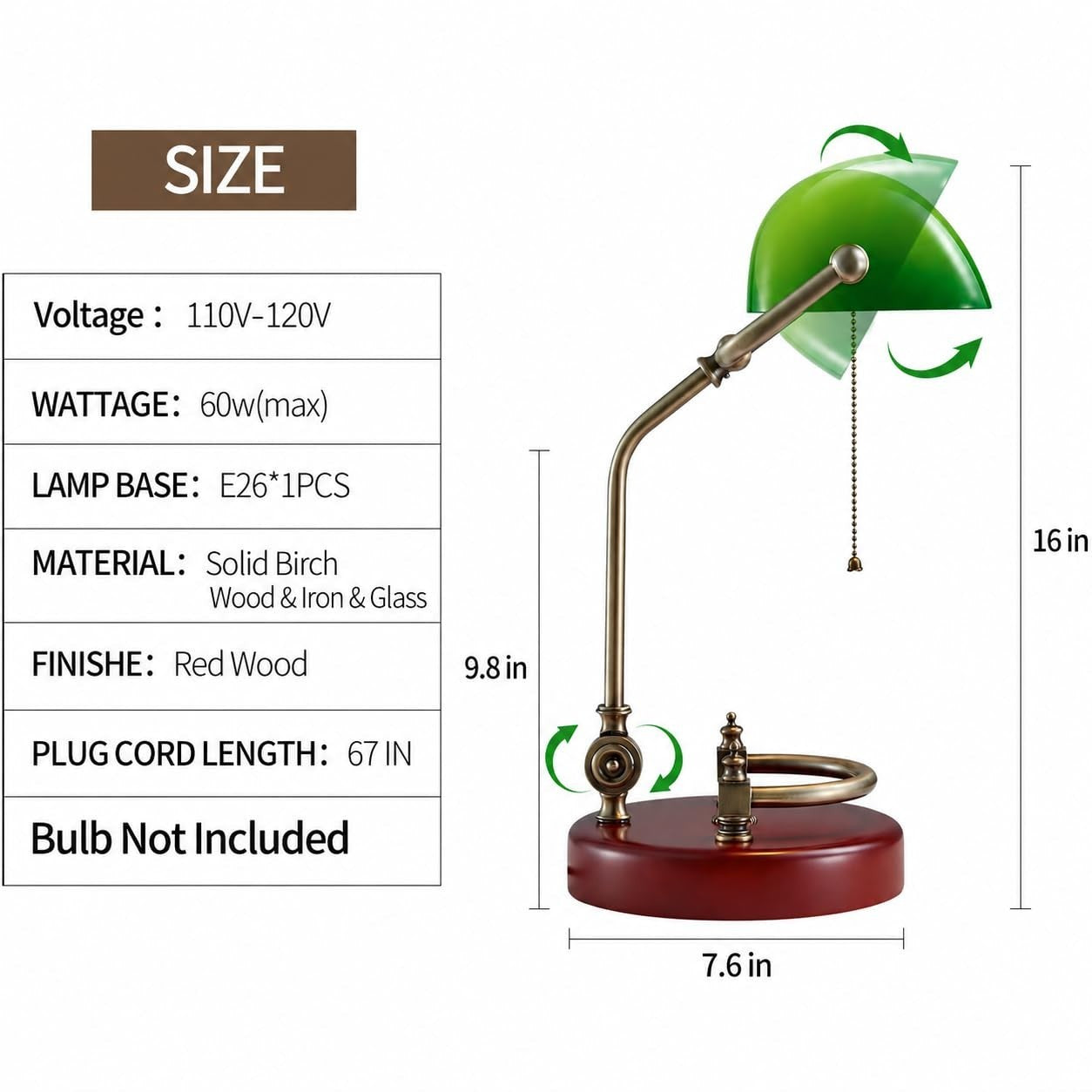 Vintage Green Glass Bankers Desk Lamp with Solid Wood Base, Pull Chain Switch, E2
