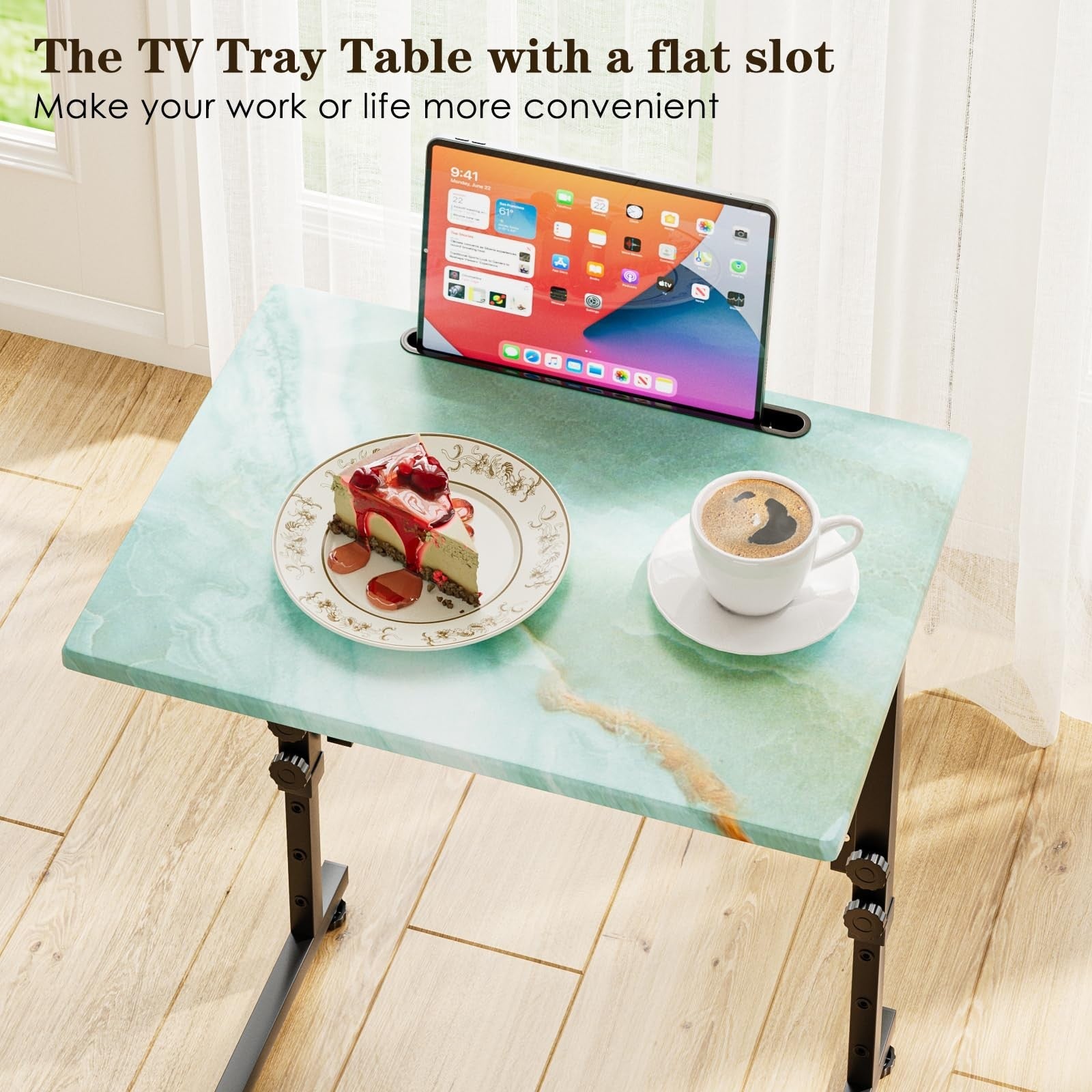 Adjustable Folding TV Tray Table - Sturdy MDF Top, No Assembly, Sea Blue - Livin4