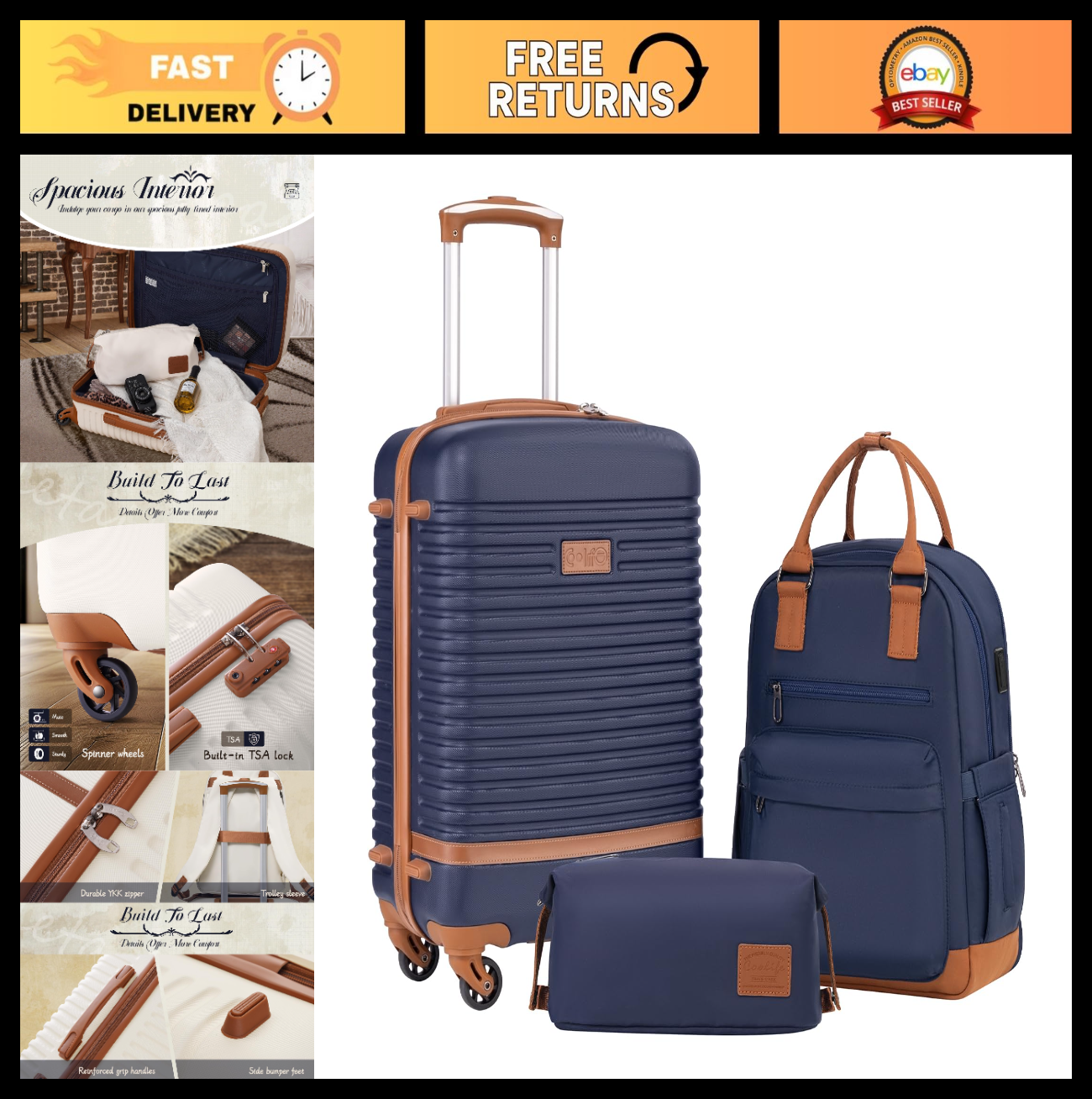 3-Piece Carry-On Luggage Set, Navy - 360° Spinner Wheels, USB Pockets, Lightweig0