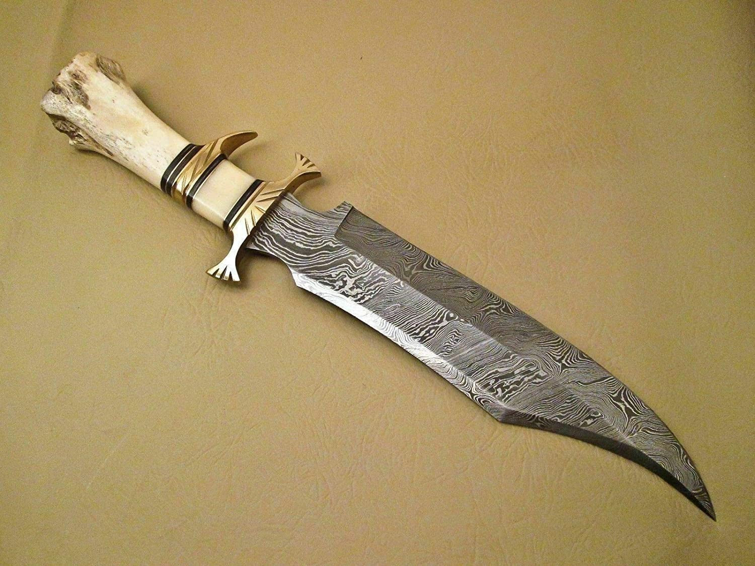 Custom Handmade Damascus Steel Hunting Knife with Camel Bone Handle - Unique Gif5
