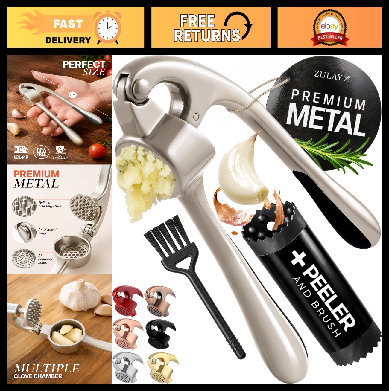Premium Garlic Press Set   Rust Proof Mincer Tool, Easy Squeeze, Ergonomic Handl0