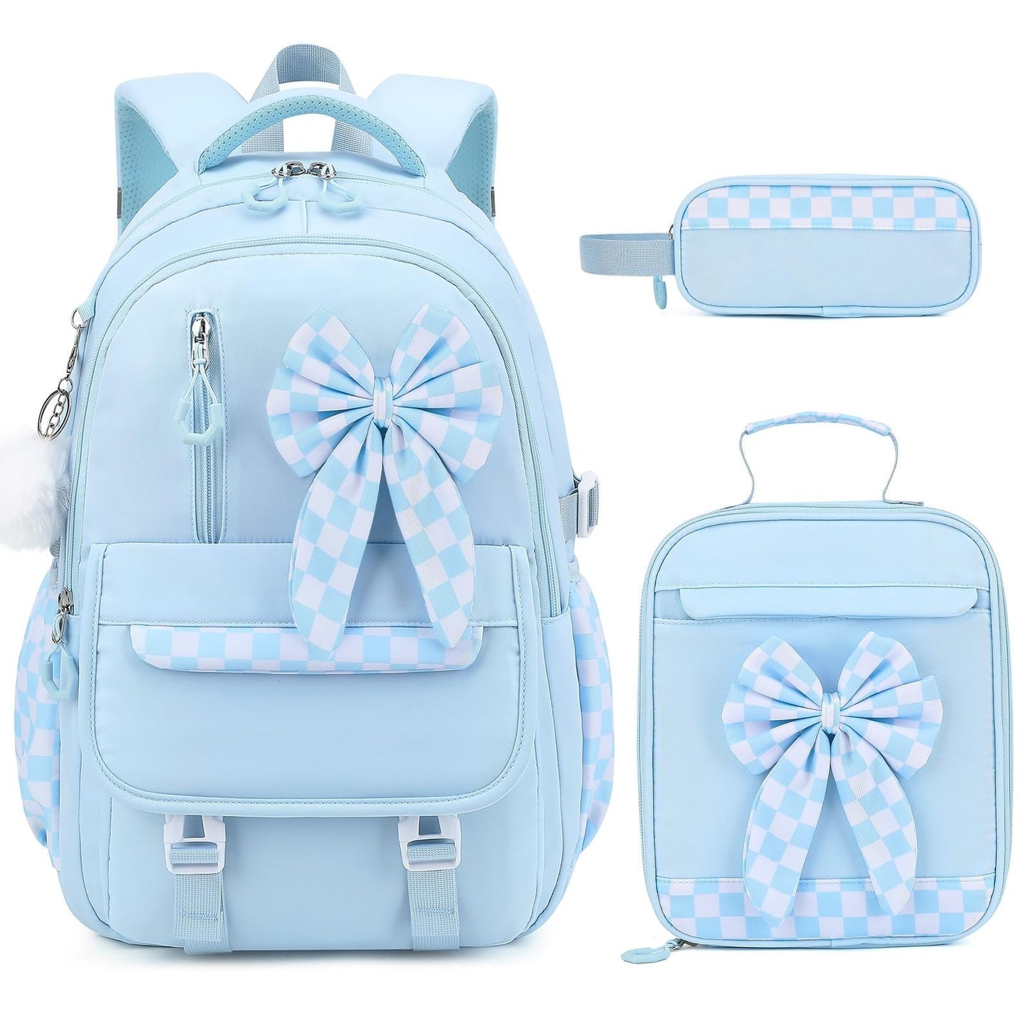 Girls Bow Backpack Set   3PCS with Lunch Bag & Pencil Case, Stylish School Bag1