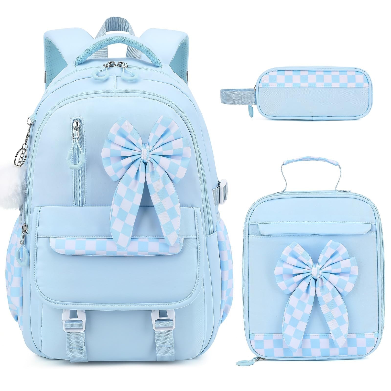 Girls Bow Backpack Set   3PCS with Lunch Bag & Pencil Case, Stylish School Bag1