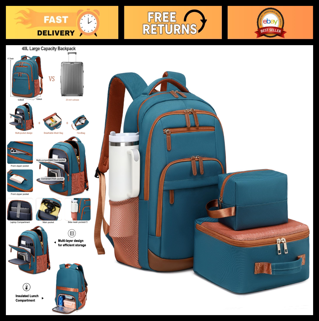 40L Travel Backpack for Men & Women, TSA Approved Carry-On, Fits 17" Laptop, Dar0