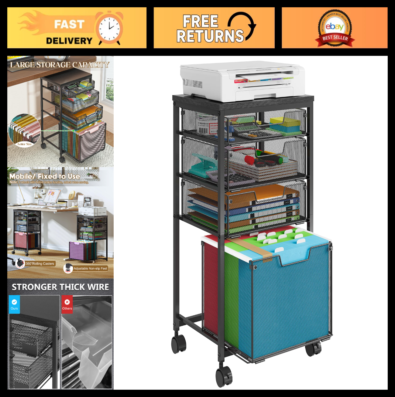 Mobile Rolling File Cart with 4 Drawers, Under Desk Organizer, Utility Filing Ca0