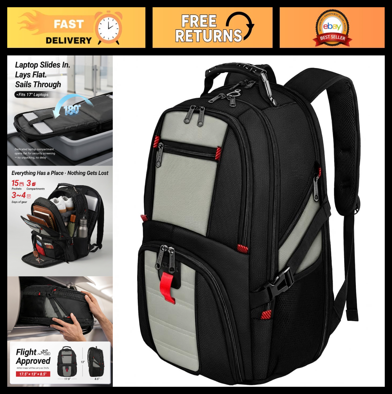 Large Laptop Backpack for Men, Heavy Duty Travel Bag, Waterproof, Multi Compartm0