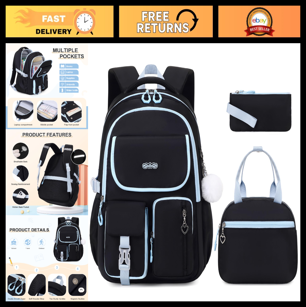 3PCS Girls School Backpack Set with Lunch Box & Pencil Pouch   Stylish & Durable0