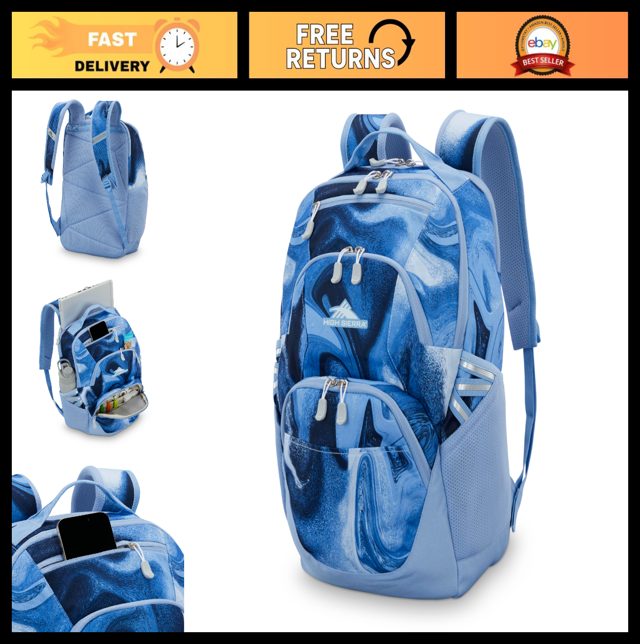 Travel Laptop Backpack with Drop Protection, Tablet Sleeve, Bookbag   Blue Marbl0
