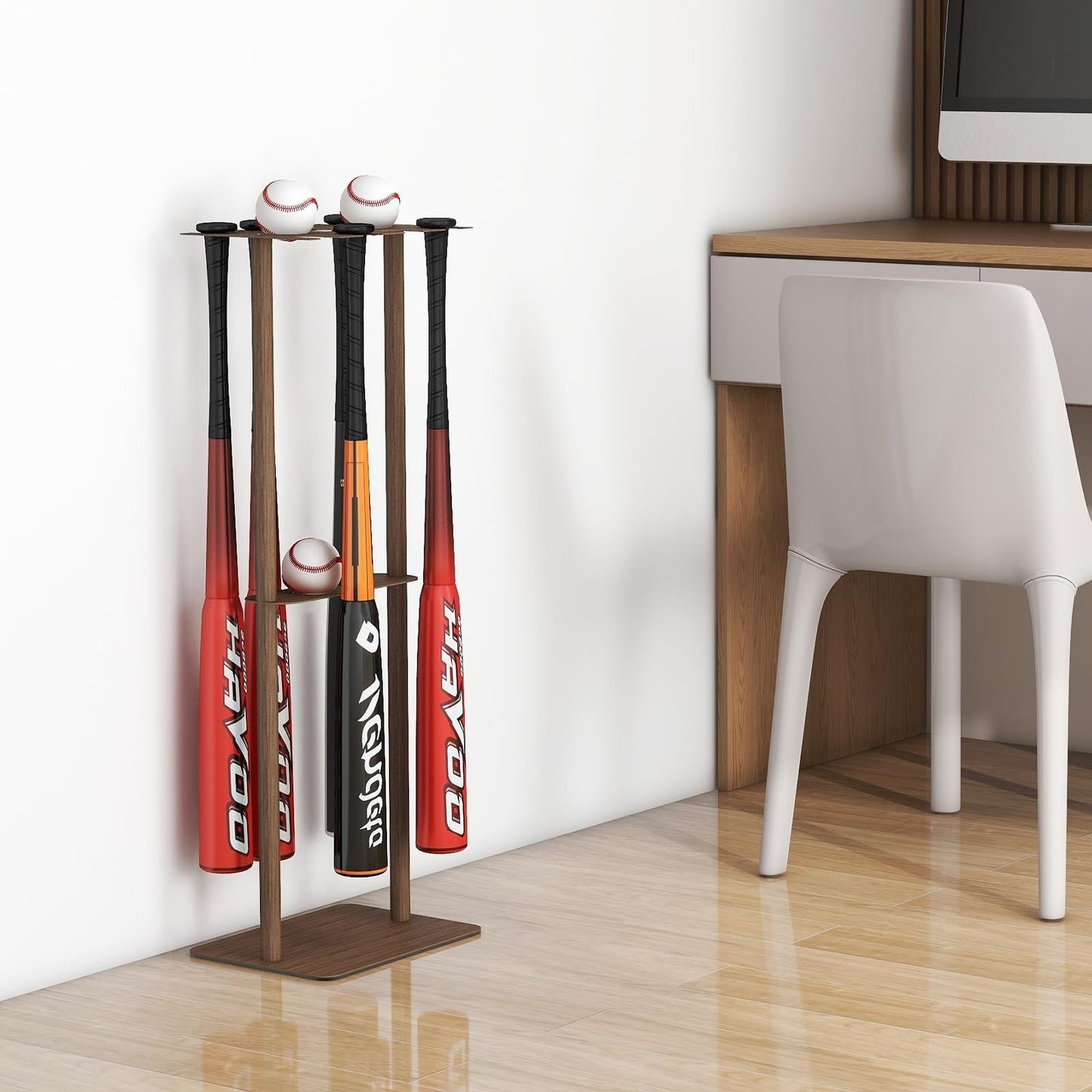 Deep Walnut Baseball Bat Holder Stand   Free Standing Metal Display for 8 Bats &2