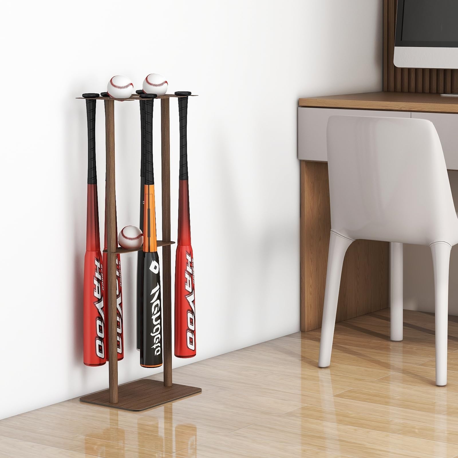 Deep Walnut Baseball Bat Holder Stand   Free Standing Metal Display for 8 Bats &2