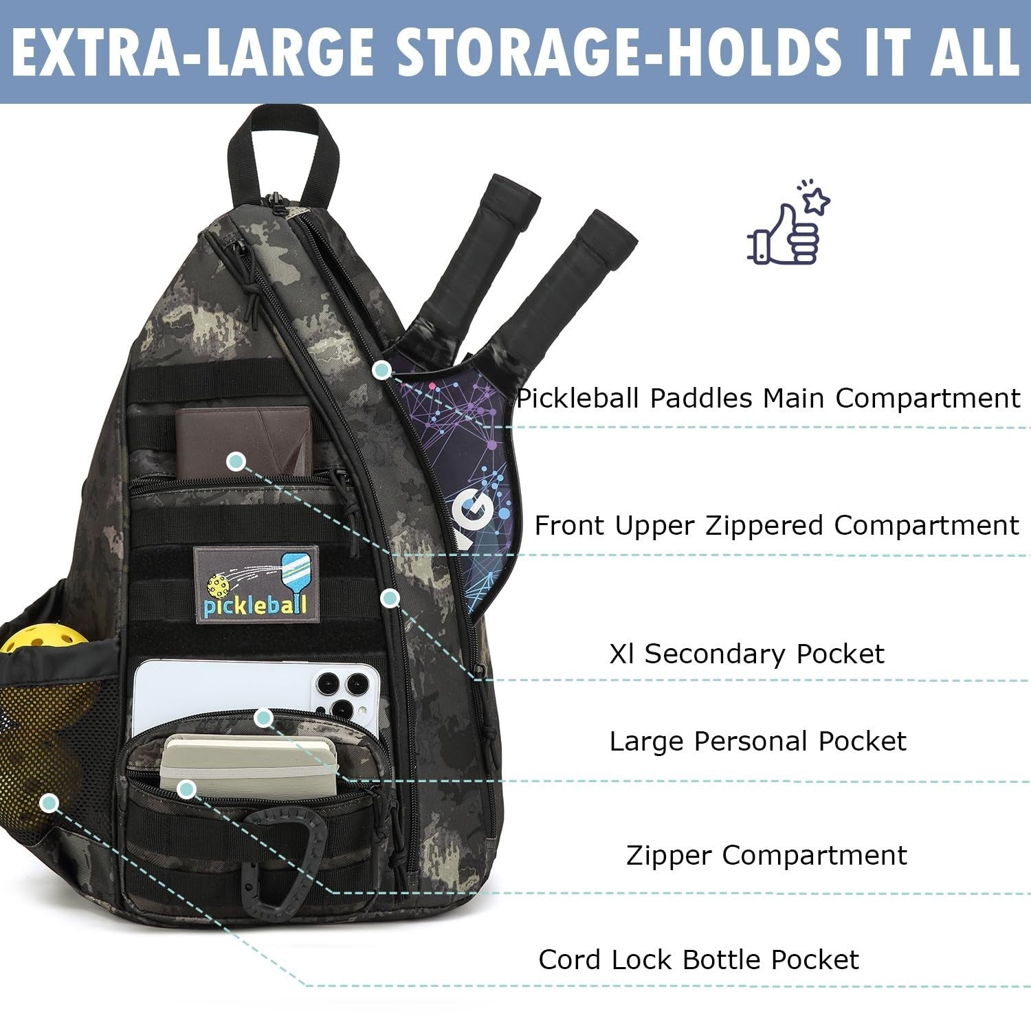 Tactical Pickleball Backpack | Adjustable Sling Bag with Fence Hook & Water Bott3