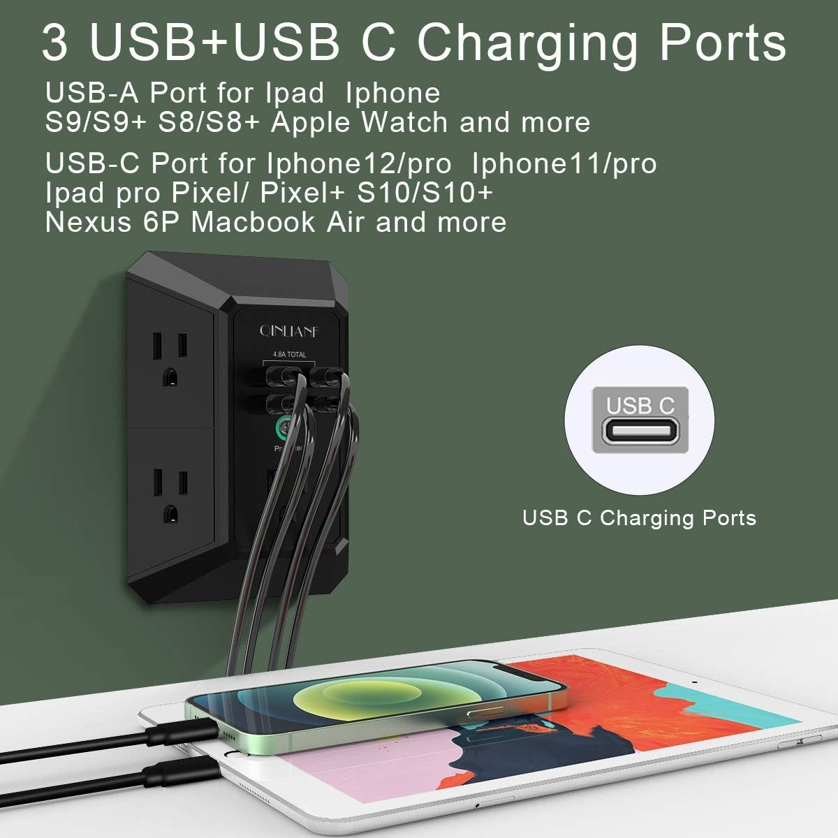 5 Outlet USB Wall Charger Surge Protector Power Strip 4.8A 3 Sided Multi Plug Ad4