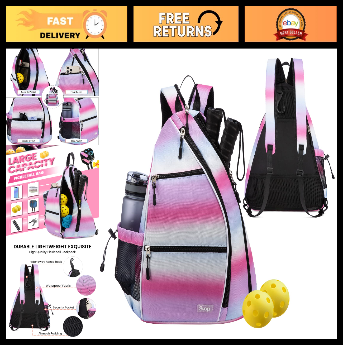 Adjustable Pickleball Backpack with Fence Hook, Large Capacity & Safety Pocket0
