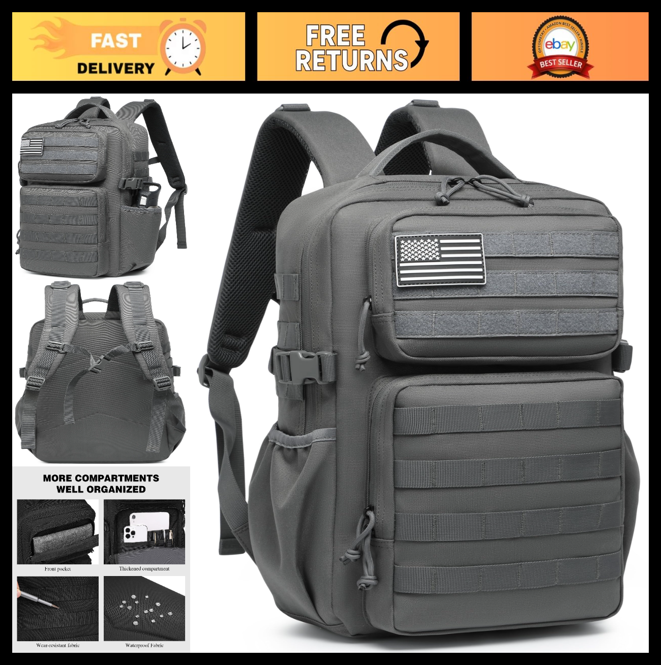 Waterproof Military Tactical Backpack   3 Day Assault Pack, Molle Daypack with W0