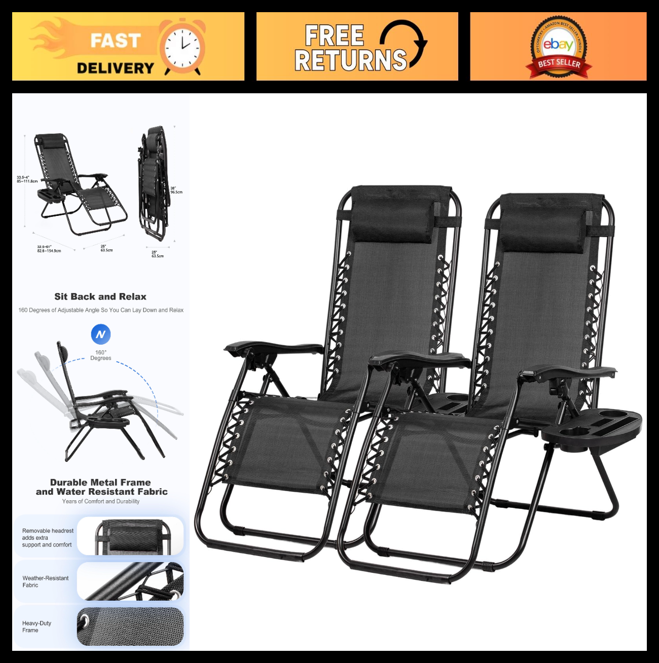 Set of 2 Adjustable Zero Gravity Lounge Chairs   Relaxing Patio Recliners with P0
