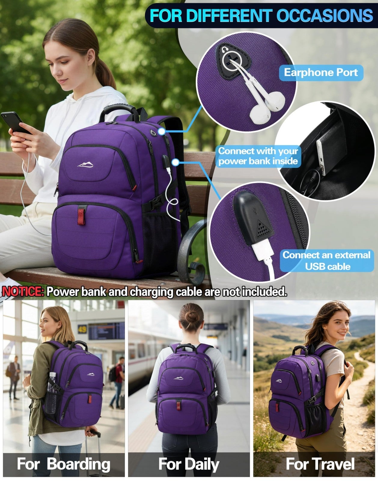 Extra Large Anti Theft Travel Backpack for 18.4" Laptop, USB Charging, College &5