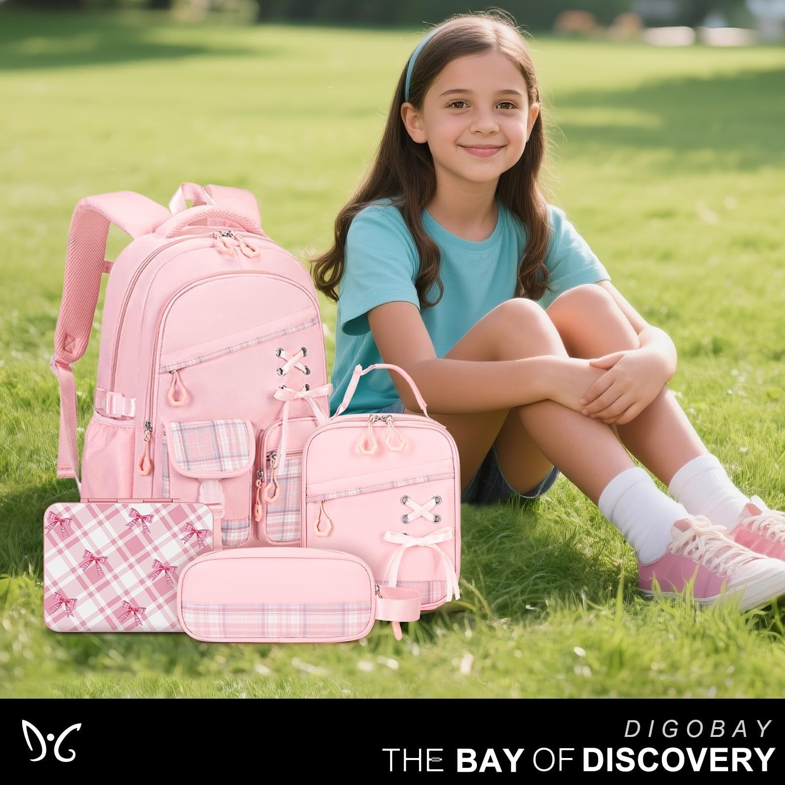 6PCS Girls Backpack Set with Lunch Bag, Bento Box & Pencil Pouch   Plaid School8
