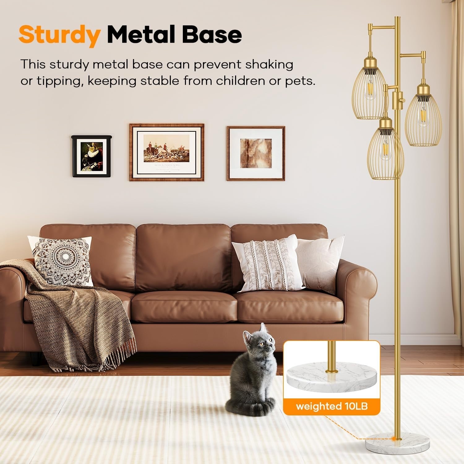 Dimmable Floor Lamp with 3 LED Bulbs, Industrial Tree Design, Gold & Marble Base4