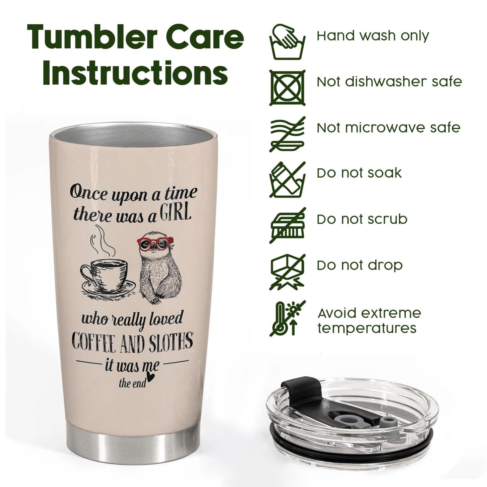 Cute Sloth 20oz Tumbler with Lid   Insulated Travel Mug for Coffee & Tea, Perfec7