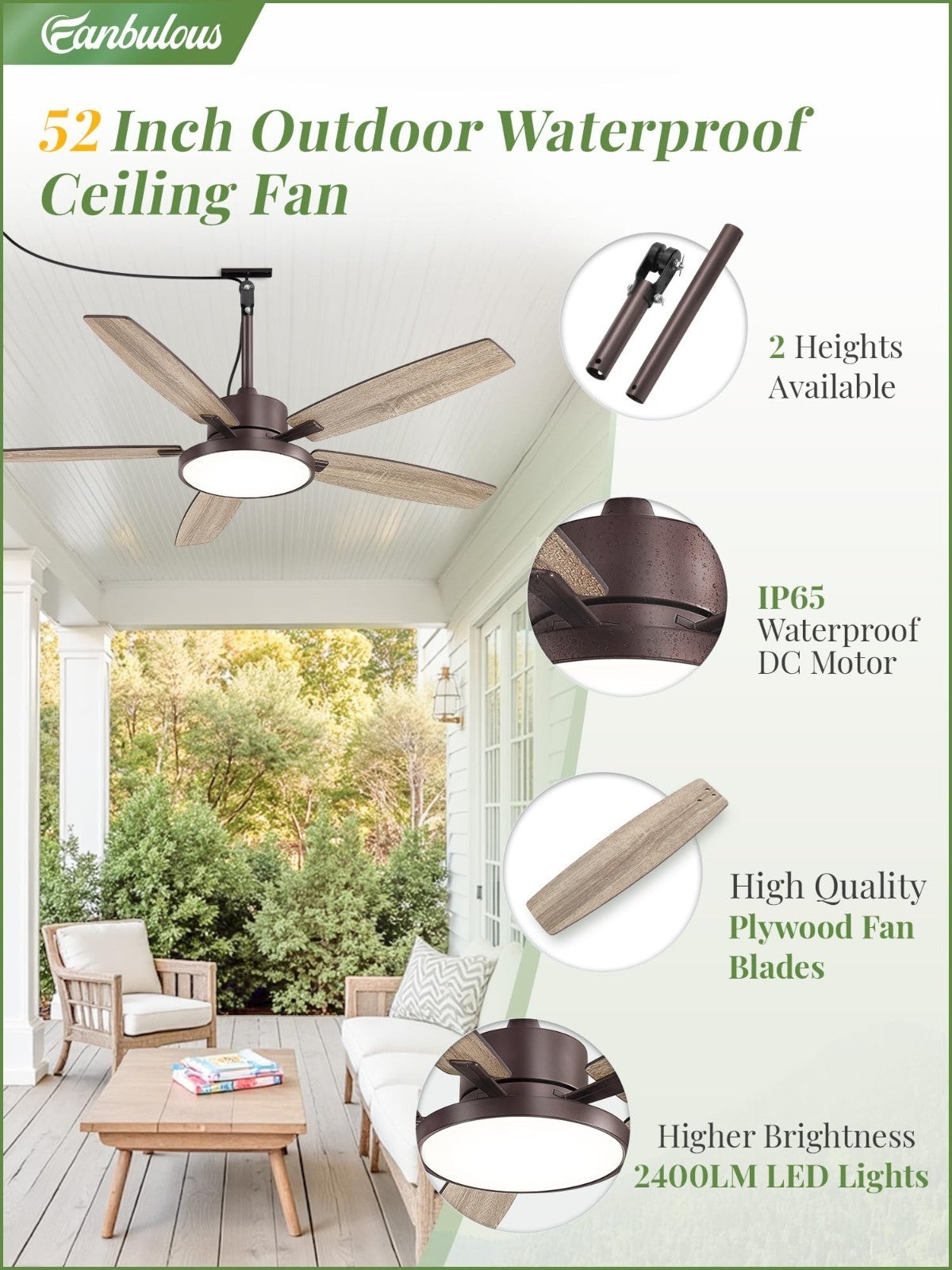 52" Waterproof Outdoor Ceiling Fan with Light | 6 Speed DC Motor for Patio & Por3