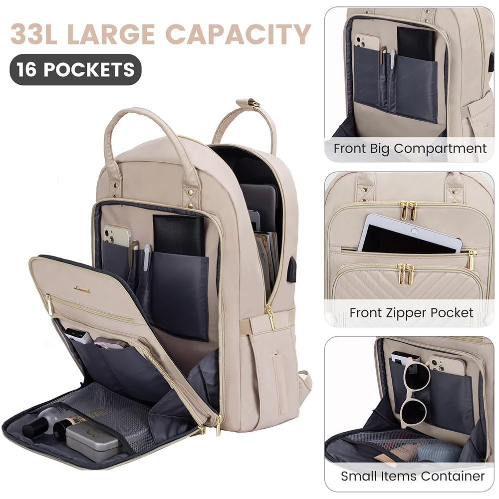 Stylish Water Resistant Laptop Backpack for Women, USB Charging, Travel Work Bag4