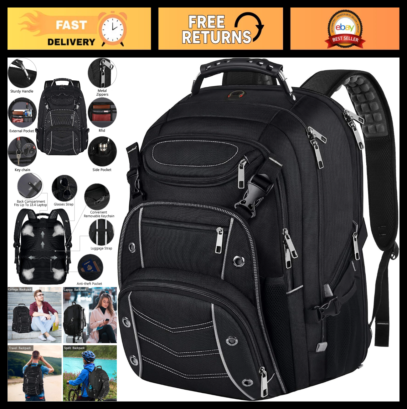 Extra Large 60L Laptop Backpack, TSA Approved, RFID Anti Theft, Fits 15.6 19" La0