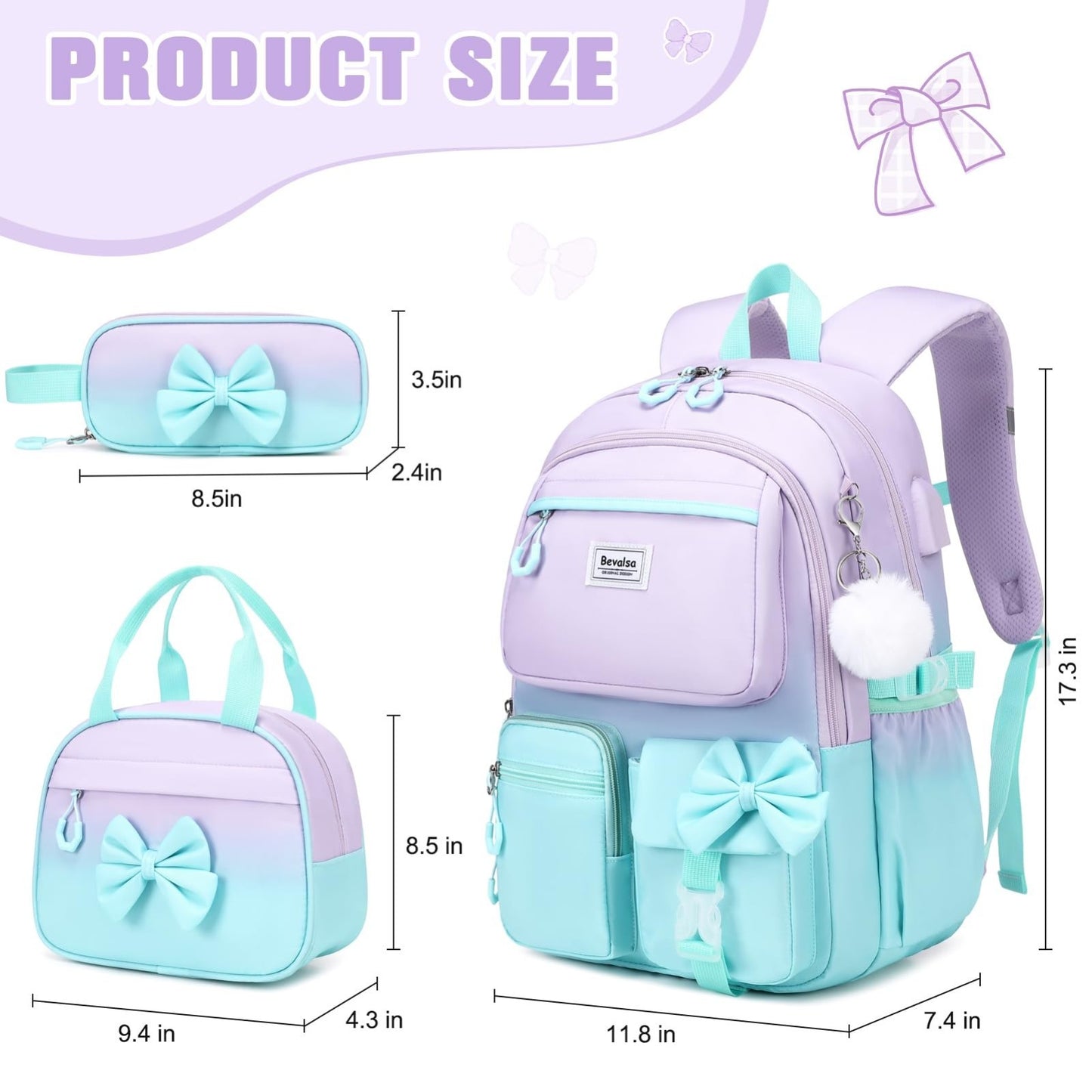 Cute Bow Backpack for Girls   School Bag with Lunch Bag & Pencil Case, Stylish &2