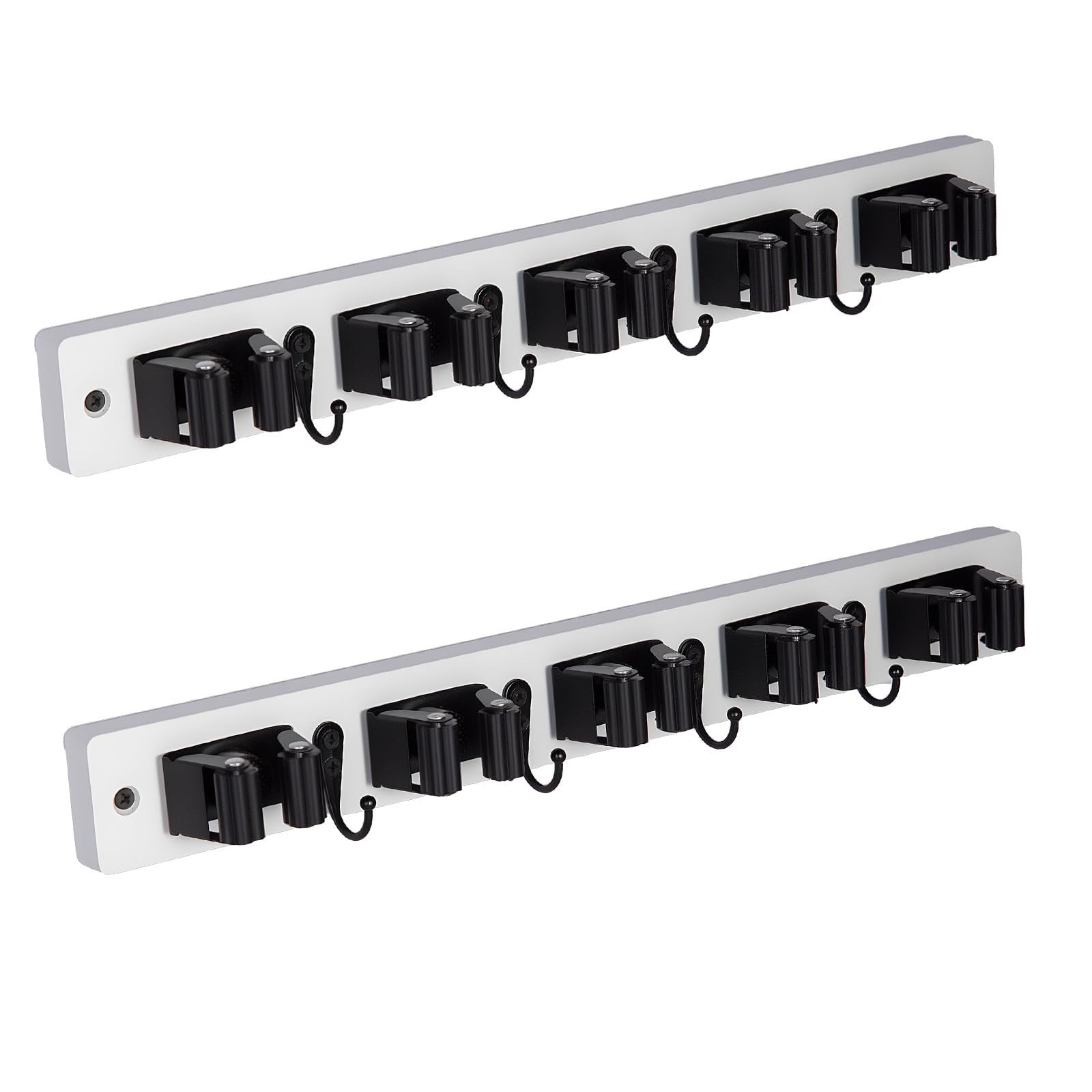 2 Pack Wall Mount Broom Holder with 5 Slots & 4 Hooks - Rustic Wood Tool Organiz1