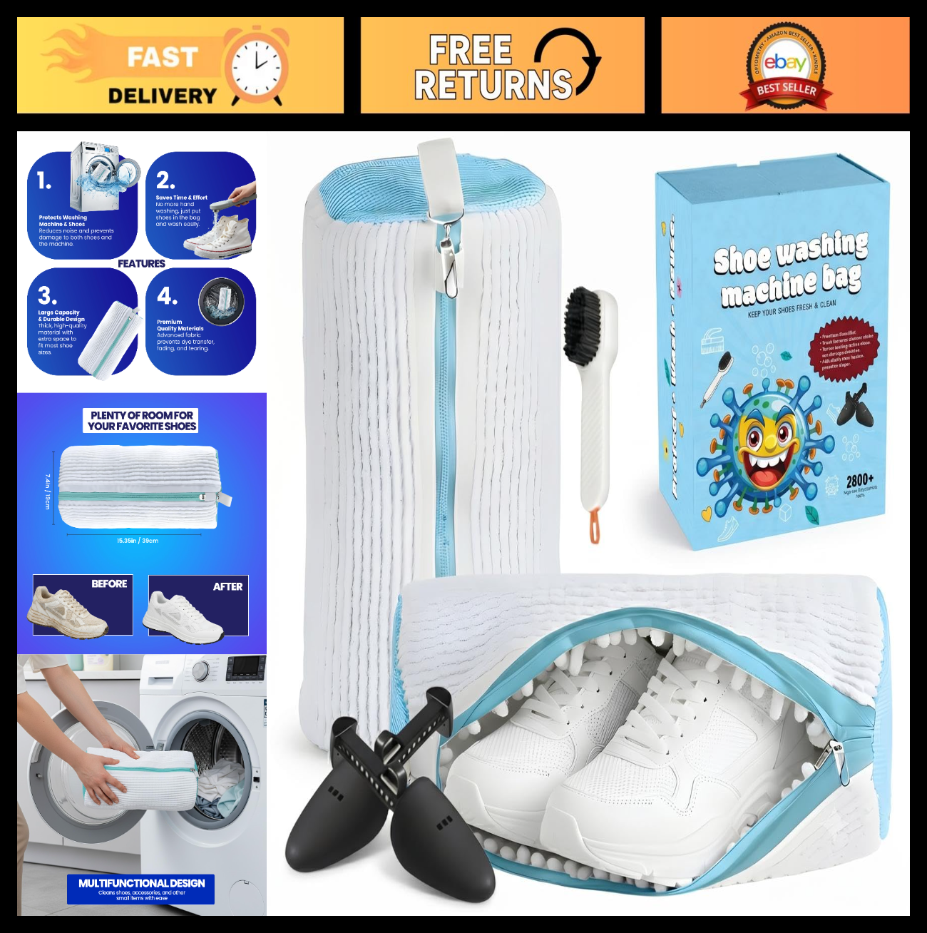 Shoe Washing Machine Bag for Sneakers - 360° Microfiber Laundry Protector, 2-Pac0