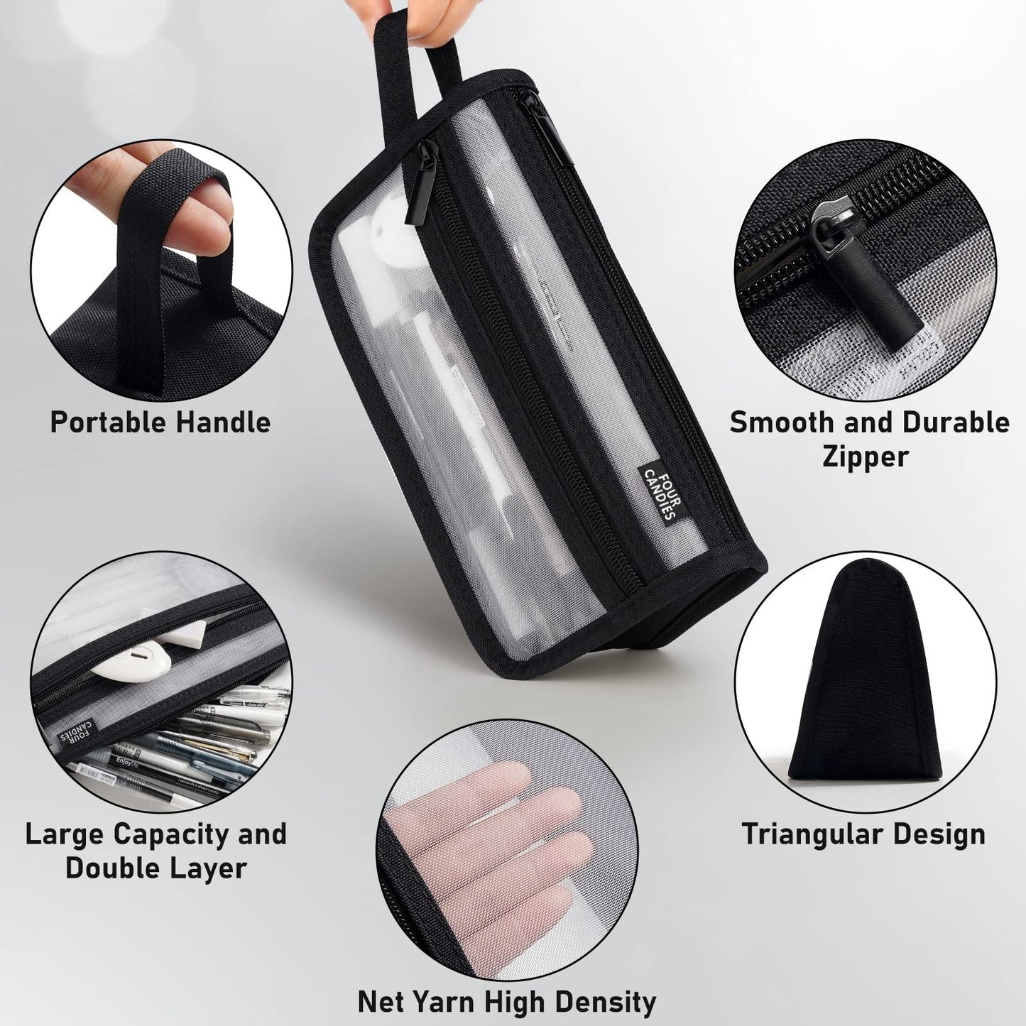 Clear Double Layer Mesh Pencil Case with Handle   Four Candies Grid Design, Blac3