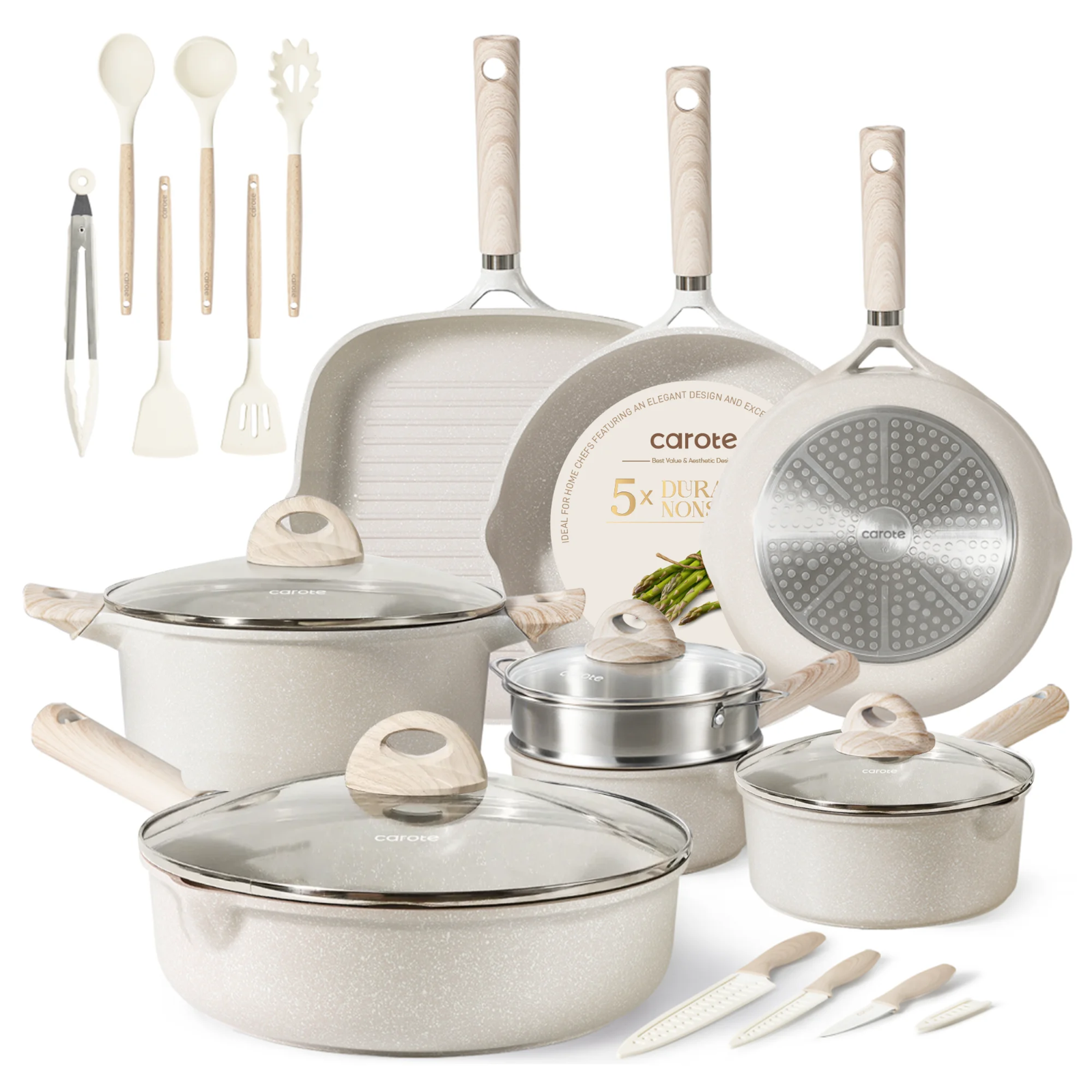CAROTE 15pcs Pots and Pans Set, Nonstick Cookware Set Detachable Handle,0