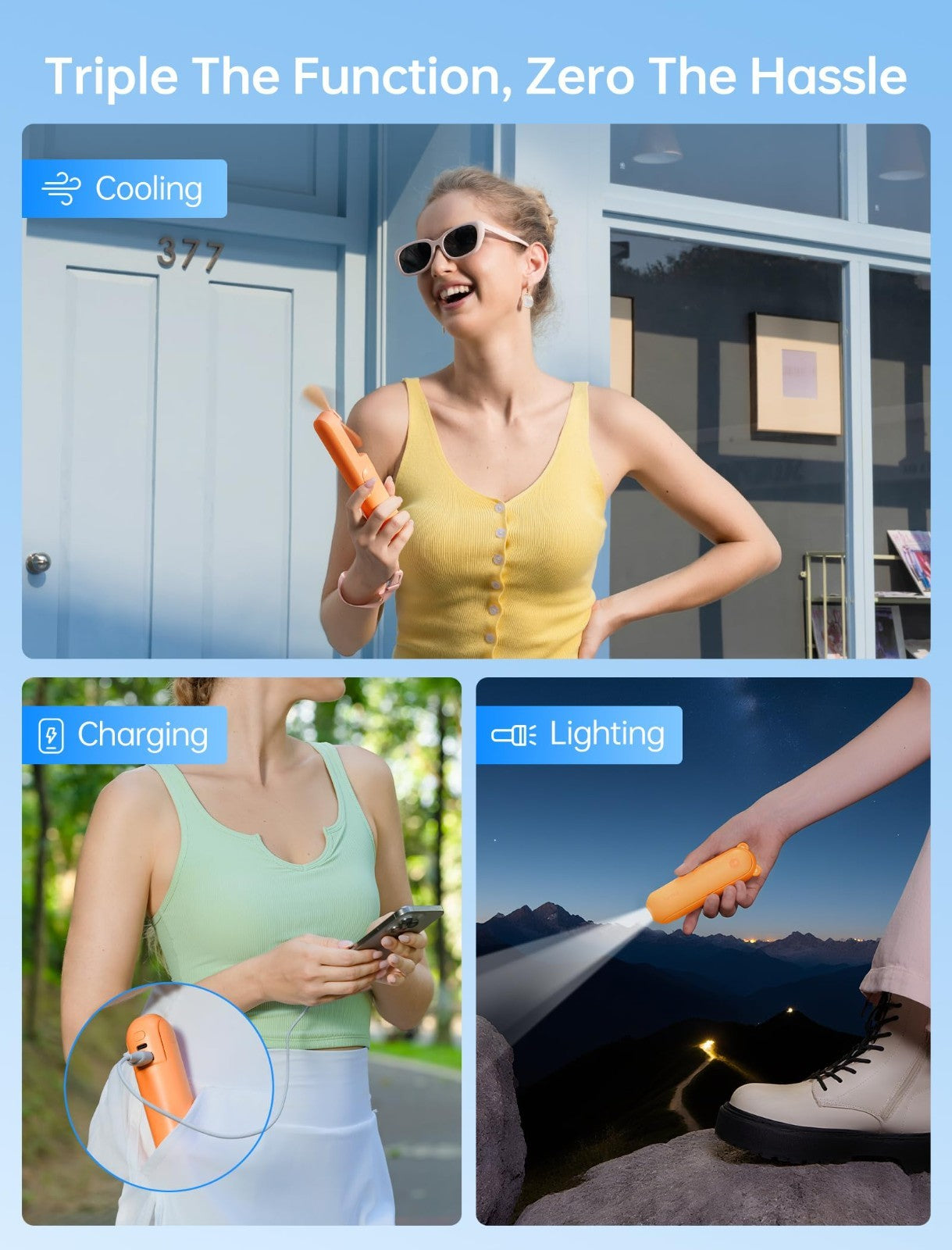 3 in 1 Portable Fan with Power Bank & Flashlight | USB Rechargeable, 19H Cooling2