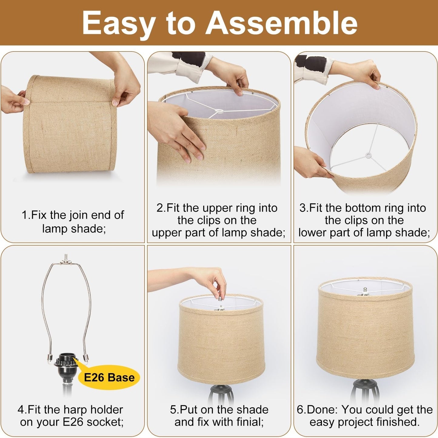 Set of 2 Burlap Drum Lampshades 11.6" x 12.6" x 9.8" - Brown Spider Fitter, Hand3