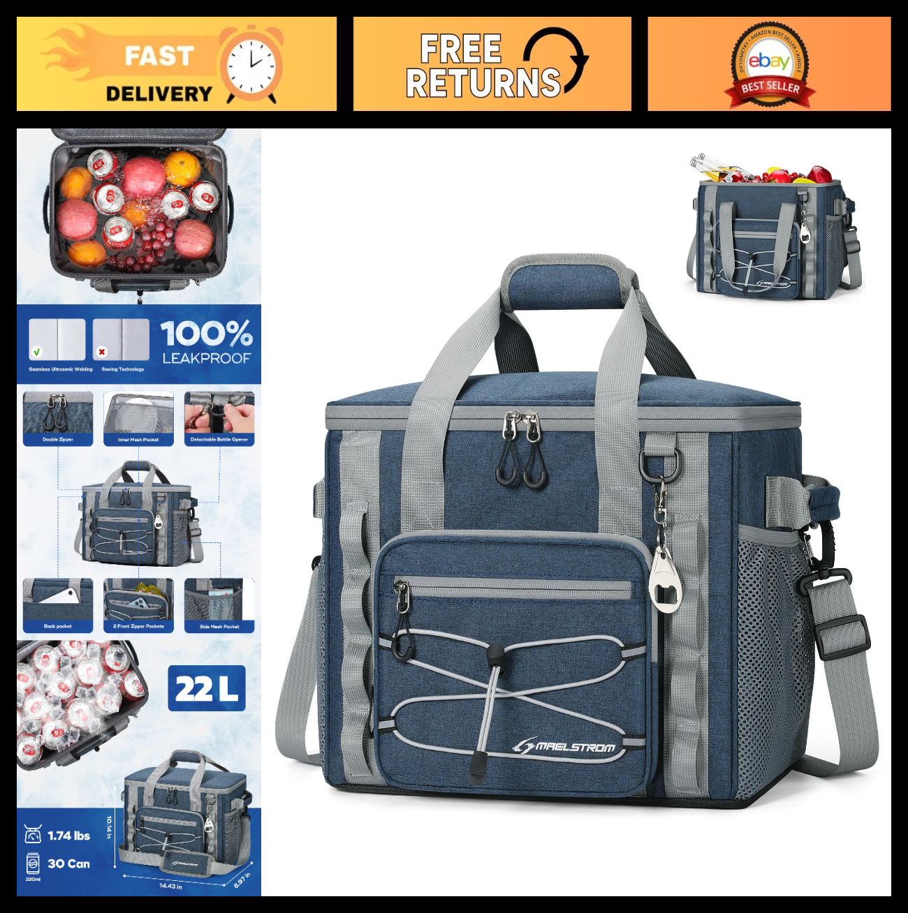 30/40 Can Soft Cooler Bag - Leakproof Insulated Ice Chest for Camping, Beach, Hi0